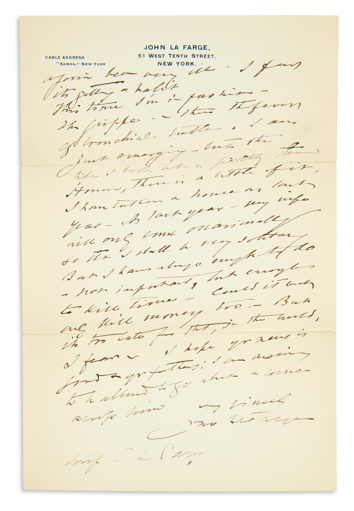 LA FARGE, JOHN. Autograph Letter Signed, Jno Lafarge, to art critic Elisabeth Luther Cary,